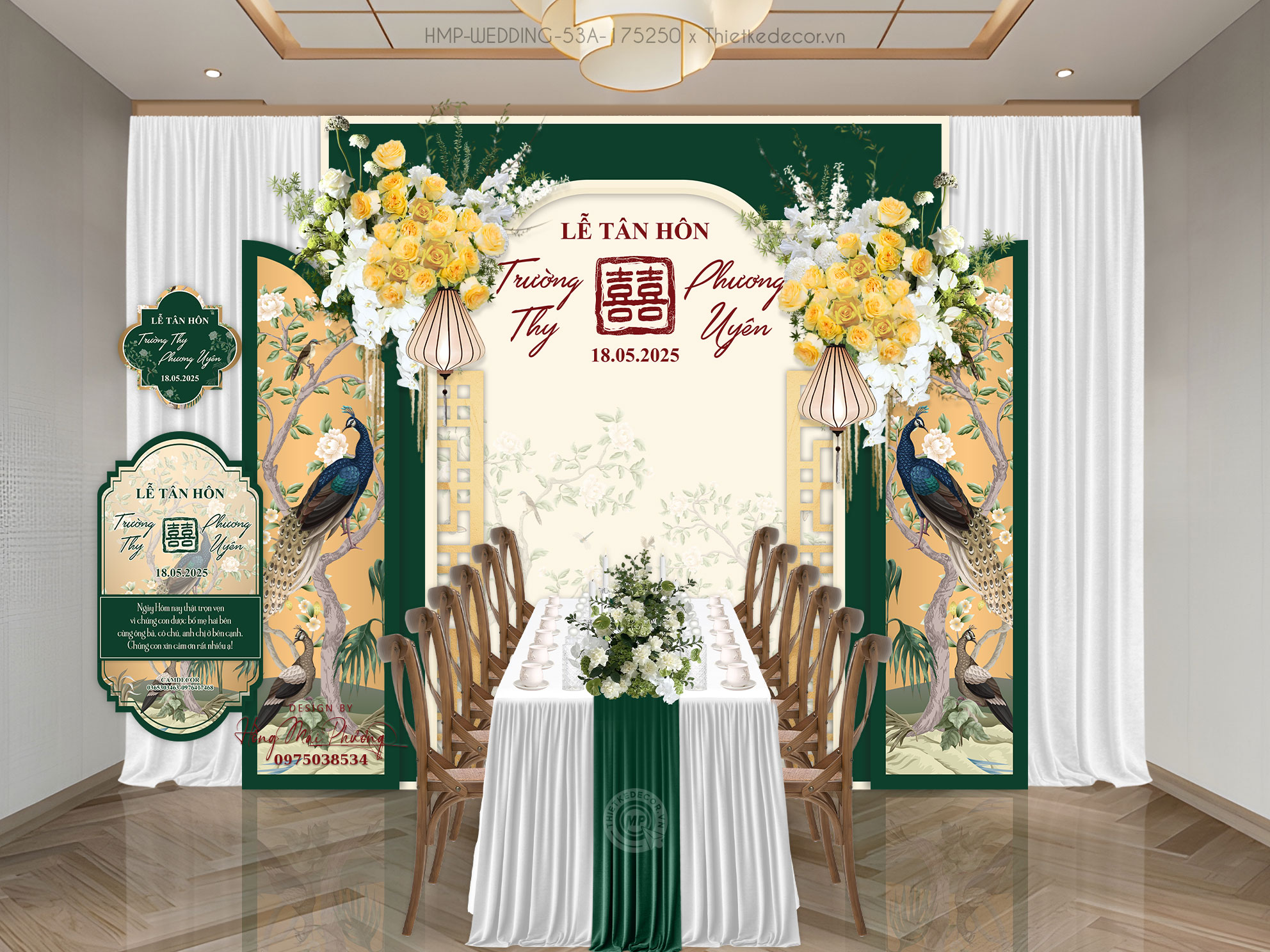 File thiết kế Gia tiên, trang trí tiệc cưới đẹp tone vàng họa tiết chim công